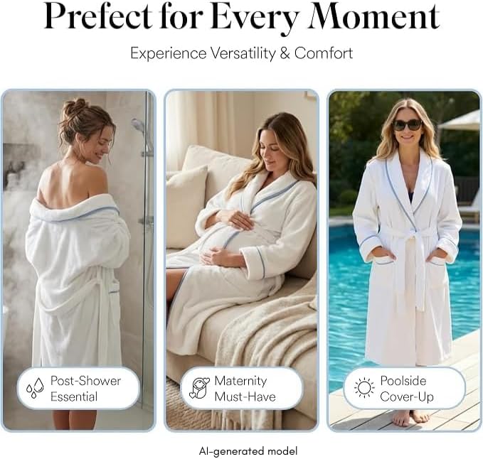 Jillien Harbor Womens Cotton Bathrobe – Towel Robe for Women in Soft Terry Cloth, Highly Absorbent Cotton Robes for Women with Refined Blue Piping, Cuffed Sleeves Medium to Large Fit — One Size, White