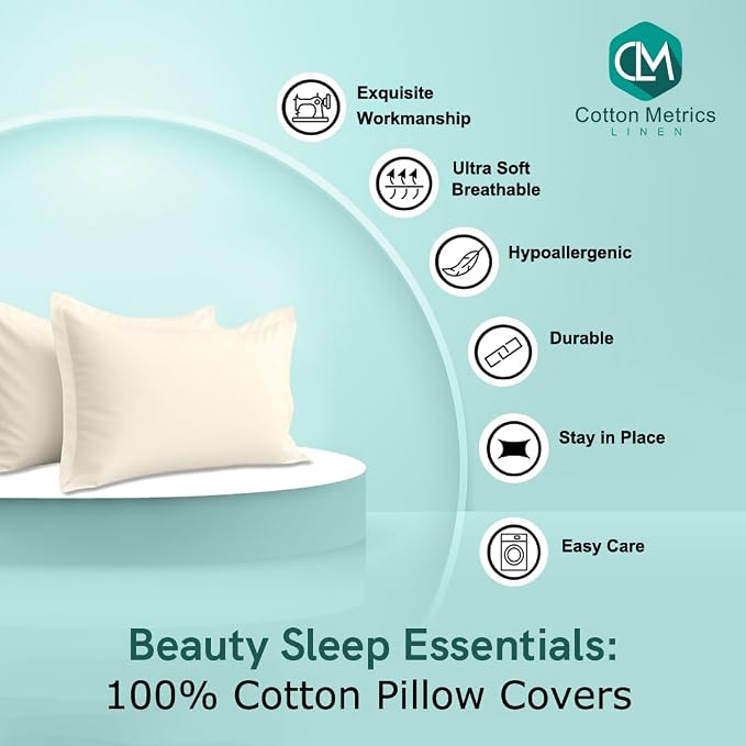 2 Pack Pillow Shams Queen Size 20x30 – 600 Thread Count 100% Organic Cotton Ivory Pillow Covers with 2 Inch Flange, Soft & Smooth Premium Hotel-Quality Pillowcases Set of 2