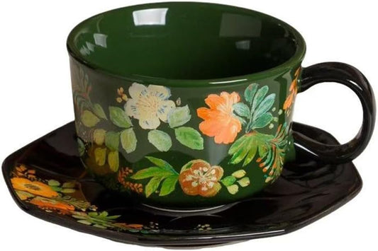 Green Floral Coffee Cup and Saucer Set, 9.5 oz (280ml) Ceramic Tea Cup with Saucer, Glossy Finish Botanical Mug for Espresso, Cappuccino, Latte, Home Kitchen, Office Gift