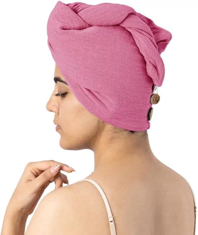 Banana Double Cloth Hair Towel, Hair Wrap for Women, Towel for Long & Short Hair, Anti-Frizz Shower Hair Towels with Button, Quick-Drying Hair Cap Pack of 3 Desert Rose - Pc 3