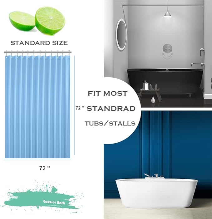 Baby Blue Plastic Shower Curtain Or Liner, 72x72 Inch Lightweight Cream Blue Plastic Bathroom Shower Showroom Inner Curtain with Rustproof Metal Grommet Holes and Weighted Magnets