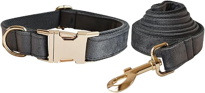 Love Dream Velvet Dog Collar and Leash Set, Soft & Comfy Adjustable Dog Leash and Collar with Heavy Duty Metal Buckle for Small Medium Large Dogs Training & Walking (Large, Dark Grey)