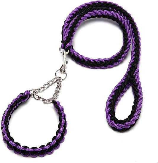 Love Dream Dog Collar and Leash Set, Heavy Duty Nylon Braided Rope Strong 4 FT Dog Leash and Martingale Training Collar for Small Medium Large Dogs Training and Walking (Black & Purple)
