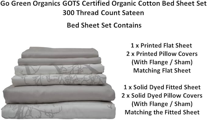 Organic Cotton Long Staple Silky Soft Single Pick Sateen Bed Sheet Set - Luxurious & Premium Hotel Quality - GOTS Certified - Printed & Dyed Combination - Deep Pocket - Easy Care - Queen