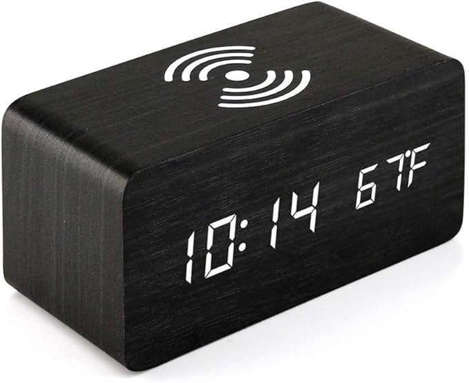 Wooden Digital Alarm Clock, with Charging Function, for Temperature for Bedroom Travel Desk Decoration, Desk Clocks for Bedside (Black)