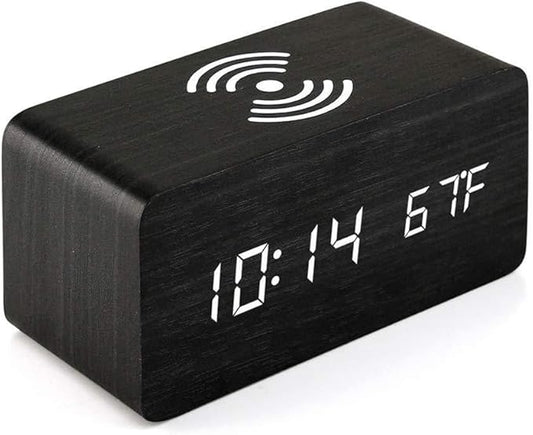 Wooden Digital Alarm Clock, with Charging Function, for Temperature for Bedroom Travel Desk Decoration, Desk Clocks for Bedside (Black)