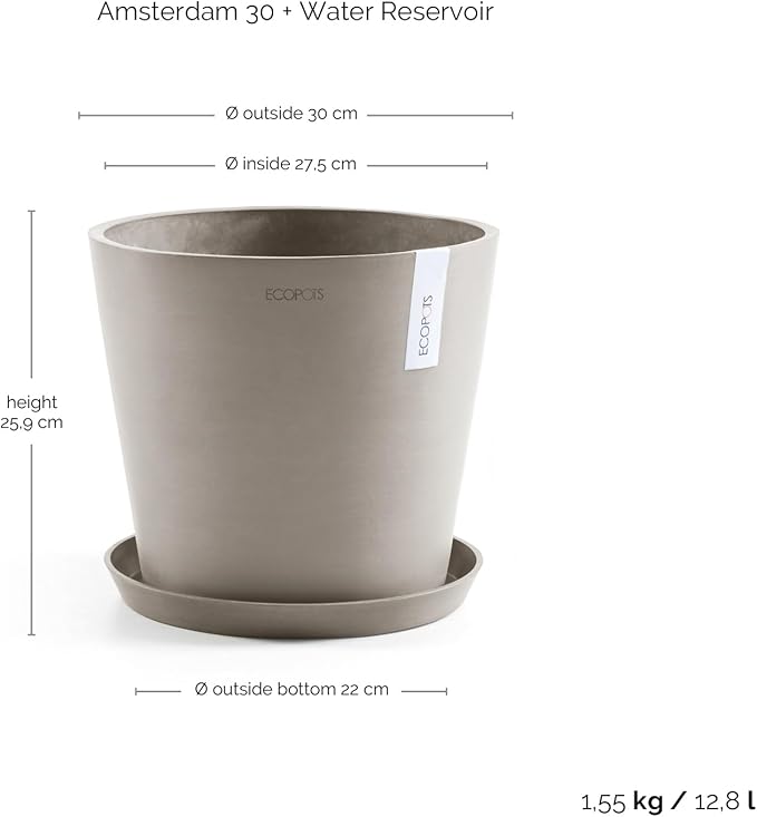 Ecopots Amsterdam Durable Modern Round Indoor/Outdoor Recycled-Based Composite Flower Pot Planter w/Water Reservoir, Taupe, 12"