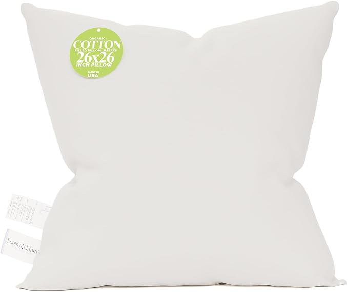 Looms & Linens Organic Cotton Pillow Insert 26 x 26 inch Bed Throw Pillows with Twill Cotton Shell - Pack of 1 Throw Pillow Insert Made in USA