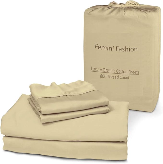 Femini Fashion 100% Organic Cotton Bed Sheets 800-Thread-Count, 16-Inch Deep-Pocket, Luxury Breathable Crisp 5-Piece Bed Sheet Set (1 Flat Sheet, 2 Fitted Sheet, 2 Pillowcases) - Split King, Taupe
