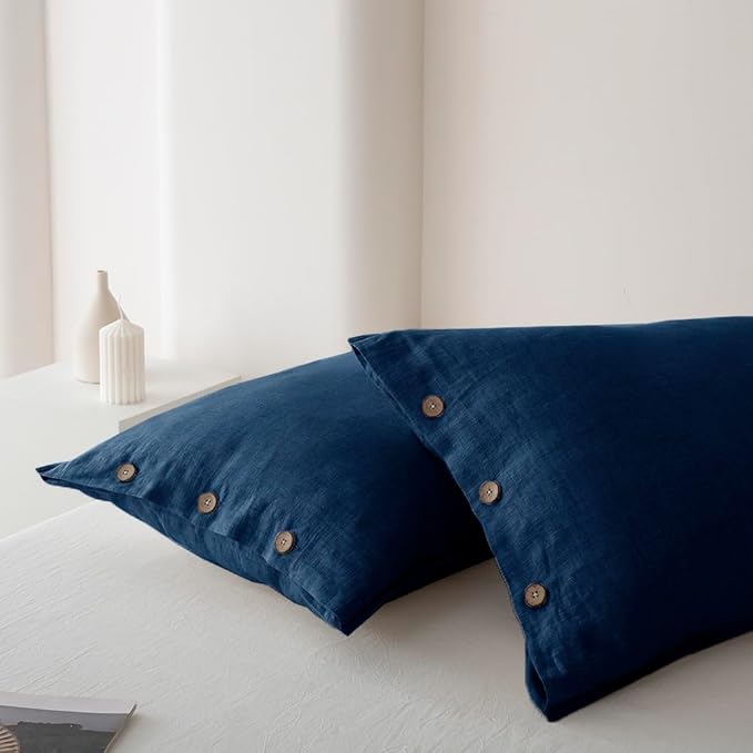 EVERLY 100% Linen Pillowcases Set of 2, French Linen from Normandy, 20X36Inch Standard Size, Natural Color, Coconut Buttons Closure, Flax Pillowshams-Pillowcase-Navy Blue
