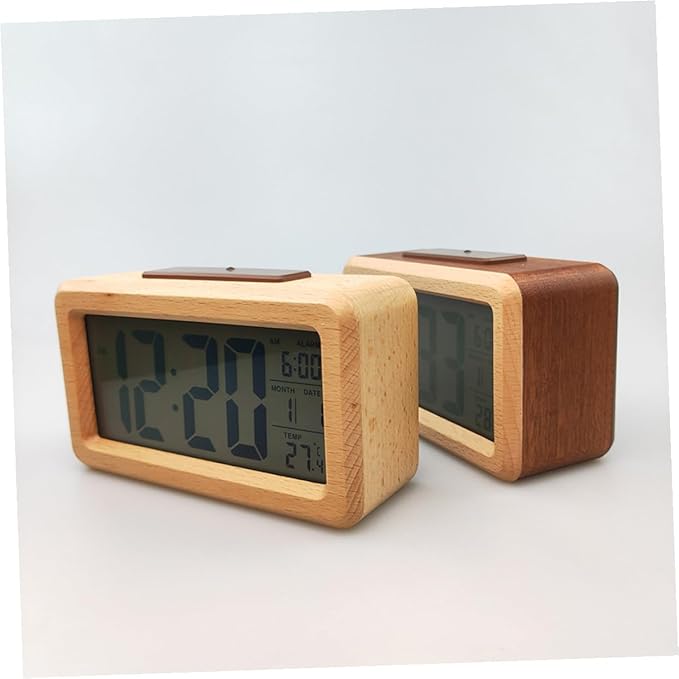 Wooden Digital Alarm Clock LED Desktop Clock with Light Sensor Natural Wood Color Non-Battery Powered for Home Bedroom Office Use