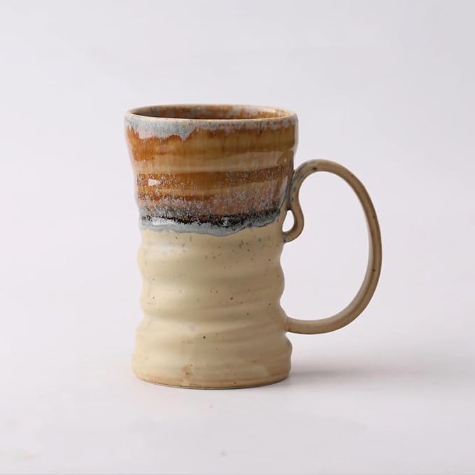 17oz Large Unique Cool Tall Handmade Ceramic Coffee Mug with Comfortable Big handle, Big Pottery Tea Mug, Artisanal Stoneware Coffee cup, Rustic Lead-free Tea Cups, Microwave safe,Biege and Brown