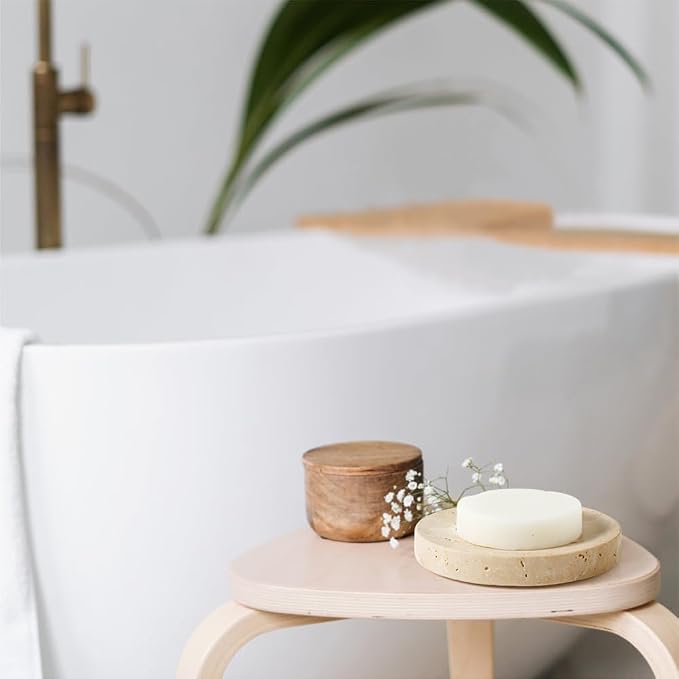 Marble Soap Dishes Natural Travertine Stone Sponge Holder for Bathroom Tub Shower Kitchen Sink, Handcraft Round Soap Case Trinket Plate Jewelry Tray Coaster for Home Decor Color Beige (WH046)