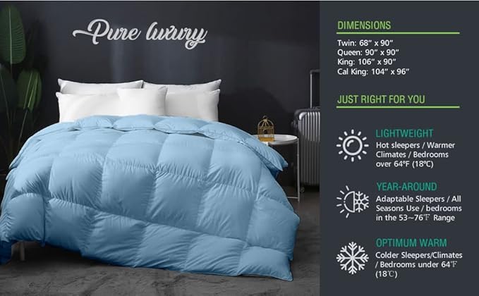 Eco Friendly Super Soft 116x98 Oversized King Down Alternative Comforter, Light Blue Box Pleated Thick 1000-TC Duvet Insert with 100% Cotton Cover, Fluffy King Comforter for All Season