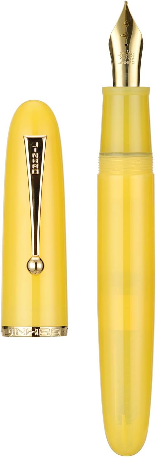 Jinhao 9019 DaDao Series Fountain Pen, Size 8 Fine Heartbeat Nib with Large Ink Converter, Yellow Jade Acrylic Design Smooth Writing Pen (Gold Trim)