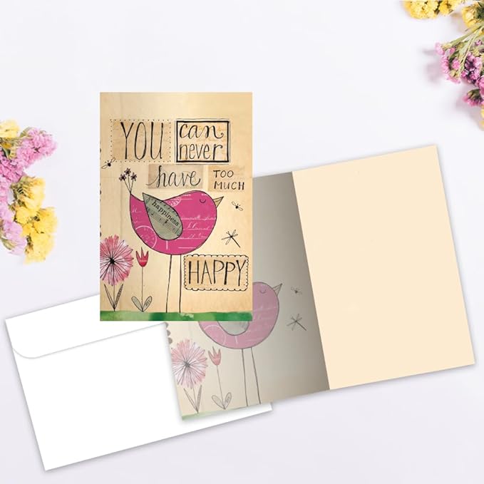 Tree-Free Greetings Never Too Happy All Occasion Cards - 12 Recycled 4x6 Notecards & White Envelopes, Thick Cardstock, Made in USA - Whimsical Bird Collage