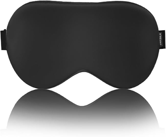 THXSILK 100% Pure 19 Momme Mulberry Silk Sleep Eye Mask Super Smooth Cooling Blackout for Women/Man/Kids Eye Cover with Wide Head Strap Good Night Sleep Comfortable Travel and Nap, Black