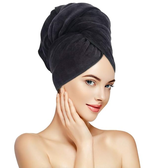 SUNLAND Microfiber Hair Towels Anti Frizz Hair Drying Towel Super Absorbent Fast Drying Turbans for Wet and Curly Soft Head Towel Wrap with Elastic Band 24 inch X 43 inch Black