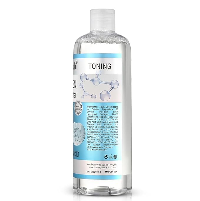 Dermatouch Collagen and Hyaluronic Acid Micellar Water, Daily Toner and Makeup Remover With Vitamin C and Aha/Bha, Nourishing Formula, Gentle for All Skin Types, Clean Skin Care, Made in USA, 16 Fl Oz