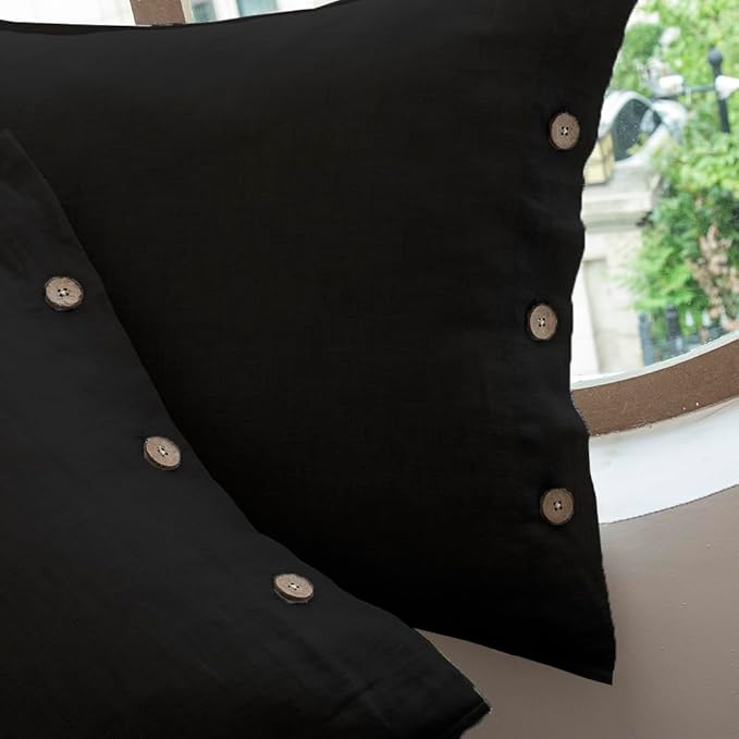 EVERLY 100% Linen Pillowcases Set of 2, French Linen from Normandy, 20X26Inch Standard Size, Natural Color, Coconut Buttons Closure, Flax Pillowshams-Pillowcase-Black