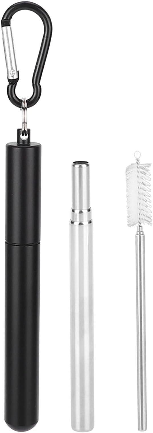 FTVOGUE Collapsible Stainless Steel Straw with Travel Case and Cleaning Brush for Tumblers Cups Smoothies Milkshakes Juice (Black)
