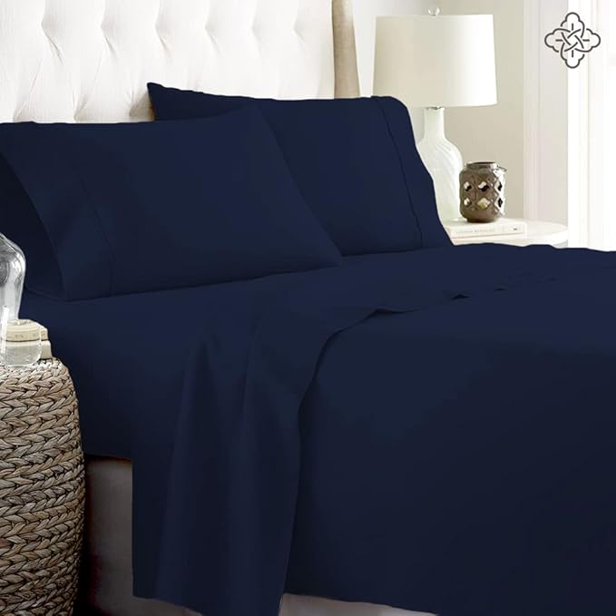 BIOWEAVES 100% Organic Cotton Sheets, 300 Thread Count 4-Piece GOTS Certified Bed Sheet Set Fits Mattress Upto 17" Deep Pocket, Soft & Silky Sateen Weave (Full, Navy Blue)