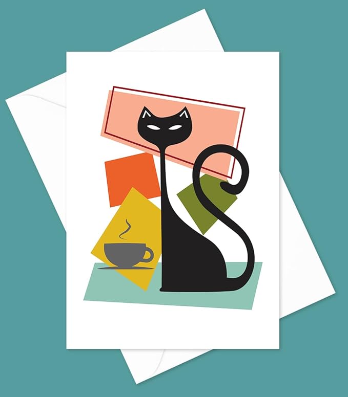 Mid Century Modern Cats Greeting Cards - Set of 10 All Occasion 5x7 Note Cards with Envelopes. Blank Inside. Assorted Modern Abstract Mid-Century Designs.