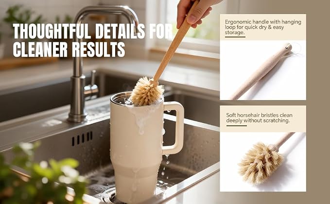 Wooden Dish Brush - Round Kitchen Scrub Brush for Pots, Pans & Cast Iron Skillets - Heavy Duty Vegetable Scrubber & Sink Cleaner (Natural Beech)