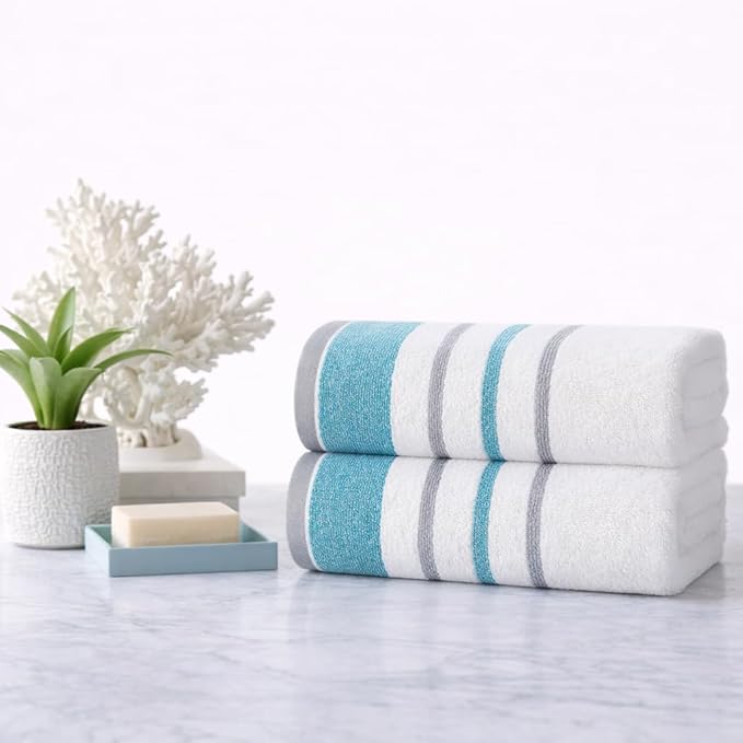 CASA COPENHAGEN White Bay 2Pcs 100% Egyptian Cotton Large Designer Bathsheet Towels Gift Set- Grey - Teal, 600GSM, 35"x70" 2Bath Sheet Towels for Bathroom (Gift Set for Women & Men)