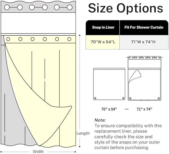 River Dream Plastic(PEVA) Snap in Shower Curtain Liner Replacement with Magnets Removable Liner (1, Plastic)