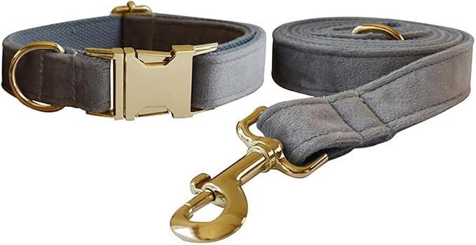 Love Dream Velvet Dog Collar and Leash Set, Soft & Comfy Adjustable Dog Leash and Collar with Heavy Duty Metal Buckle for Small Medium Large Dogs Training & Walking (Small, Grey)