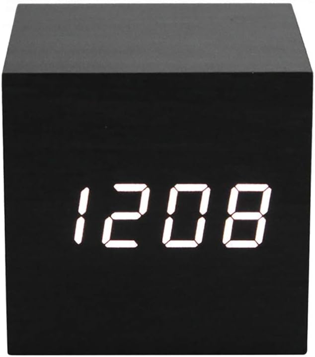 ThreeH Digital Alarm Clock,Wood Cube Little Clock with LED Time Calendar Temperature Display,Sound Control,Intelligent Induction,USB/Battery Powered Clock for Home Office AC10 Black_White
