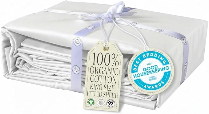 Delilah Home 100% Organic Cotton King Fitted Sheet, GOTS & Vegan.org Verified, Long Stem 300 TC Sateen Bedding, Non-Synthetic, Deep Pocket Fitted Linen, Lightweight, All-Season, 1 Piece Set - White