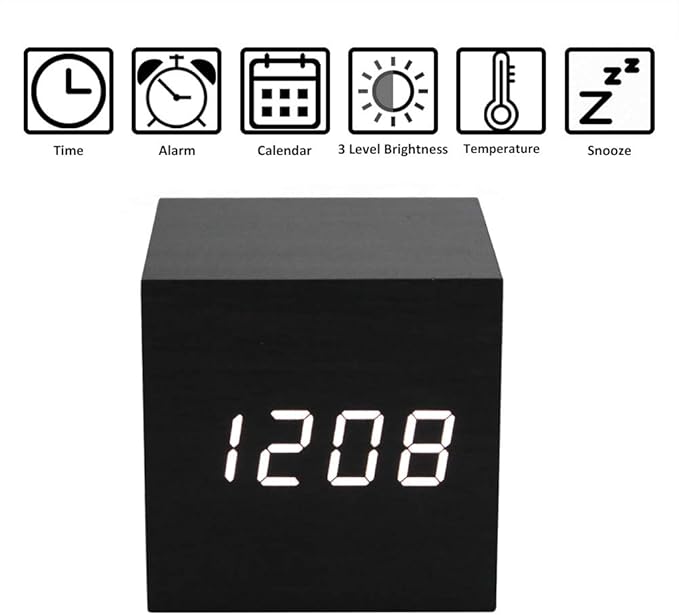 ThreeH Wooden Digital Alarm Clock,Cube Little Clock with LED Temperature Time Calendar Display,Sound Control,Snooze Mode,USB/Battery Powered Clock for Home Office AC10 Black_Blue