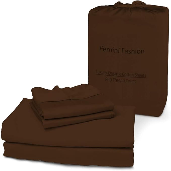 Femini Fashion 100% Organic Cotton Bed Sheets 800-Thread-Count, 16-Inch Deep-Pocket, Luxury Breathable Crisp 4-Piece Bed Sheet Set (1 Flat Sheet, 1 Fitted Sheet, 2 Pillowcases) - Queen-XL, Chocolate