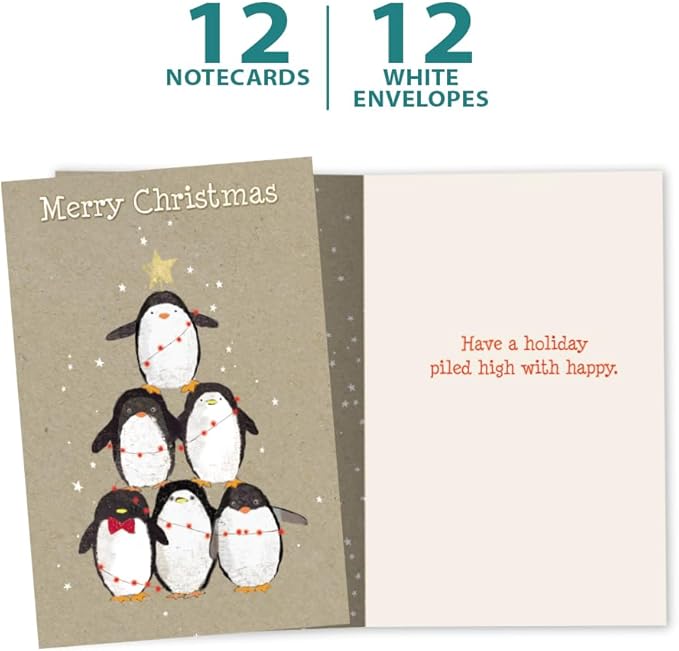Tree-Free Greetings - Season's Greeting Card - Artful Designs - 1 Card + Matching Envelopes - Made in USA - 100% Recycled Paper - 5"x7" - Penguin Pile (FS93532)
