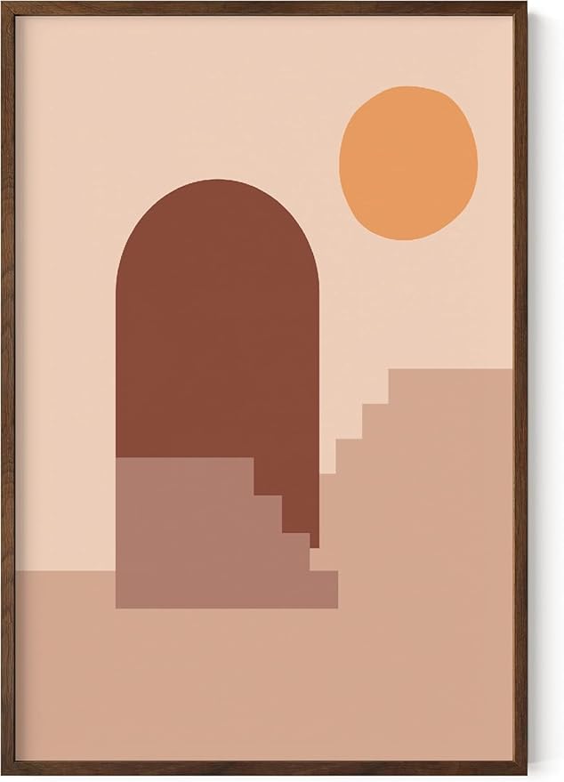 Abstract Architecture Wall Art Archway Stairs Sun Geometric Shapes Earth Tones Terracotta Mid Century Modern 24x36 Inch Oak Wood Walnut Framed Minimalist Boho Office Decor