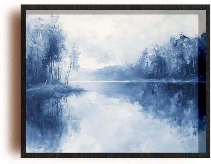 (Unframed) (20x16 Inch) Matte Wall Art Print Of Modern Minimalist Minimalist painting of a quiet lake reflecting the surrounding trees and sky - Eco-Friendly Poster, Custom Decor for Home, Office, Be