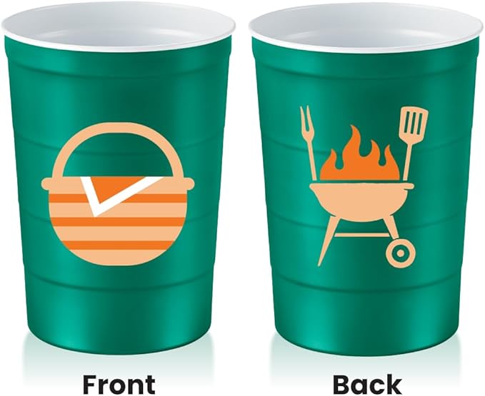 Steel Chill Cups 16 oz. Party Cup Summer BBQ Grill Picnic Design for Cold Drinks, Sturdy, Durable, Disposable, Recyclable, Made in USA, Green 12 Count