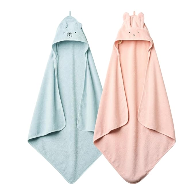 Hooded Baby Towels – 100% Organic Cotton Baby Bath Towels – Baby Boy and Baby Girl Newborn Essentials - Super-Soft and Absorbent. (2-Pack Rabbit Blush and Bear Baby Blue)