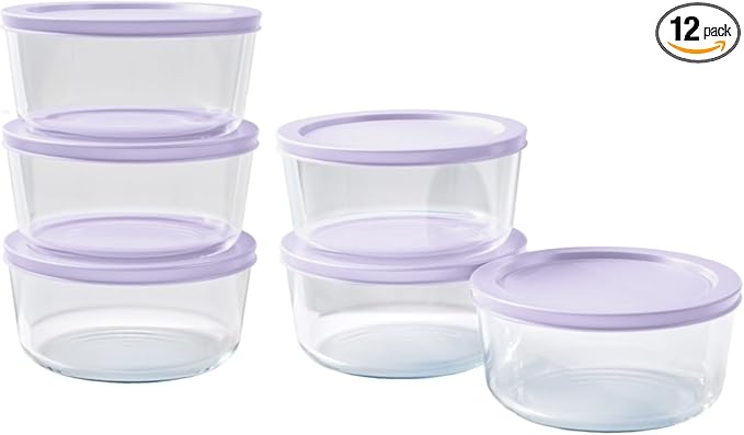 12-Piece Glass Food Storage Containers Set (6 Containers + 6 BPA-Free Lids) | 4-Cup, Leakproof | Microwave, Freezer, Oven & Dishwasher Safe | Ideal for Meal Prep & Pantry Organization, Purple