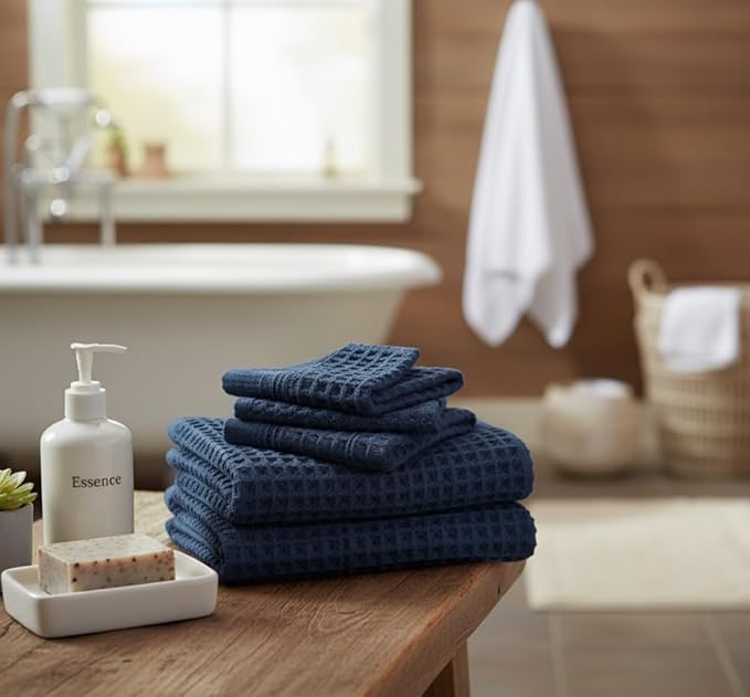 DEMMEX Organic Cotton Waffle Weave Turkish Towel Set for Bathroom, 1 Bath & 2 Large Hand Towels, 100% Oeko-TEX Certified Premium Turkish Cotton, Super Soft Lightweight Quick Dry (Navy Blue)