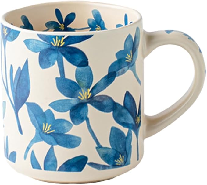 Ceramic Mugs for Men & Women, Unique Microwave & Dishwasher Safe Tea/Coffee Rustic Stoneware Cups for Office & Home (Blue Straight Flower Mug)