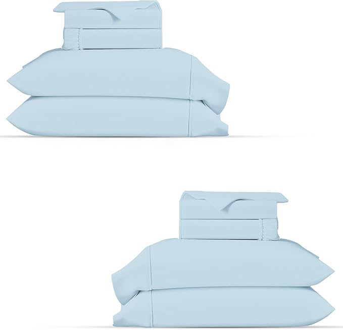 TEXAS LINEN CO. 100% Organic Cotton Percale Sheets King Size Pack or 2 - Soft & Crisp Organic Cotton Sheets King Size (8 PC, Light Blue), 16" Deep Pocket Percale Weve Bed Sheet Set - GOTS Certified