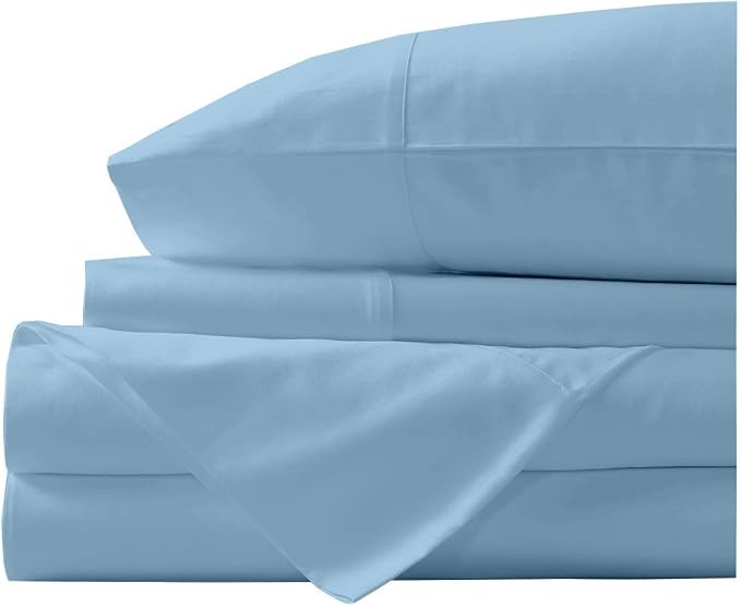 Organic Cotton Bed Sheets Set - 400TC Full Size Ultra Light Blue - 4 Piece Bedding - 100% GOTS Certified, Soft Silky Shiny, Luxury Finish Bedsheets - Fits 15" Deep Pocket Mattress