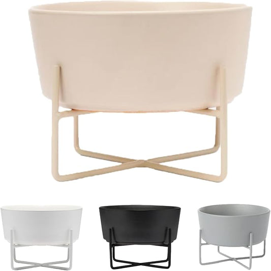 Waggo Simple Solid Dog Bowl and Dog Bowl Stand - Single Iron Stand with Single Ceramic Feeder or Water Bowl (Matte Buttercream, Large)