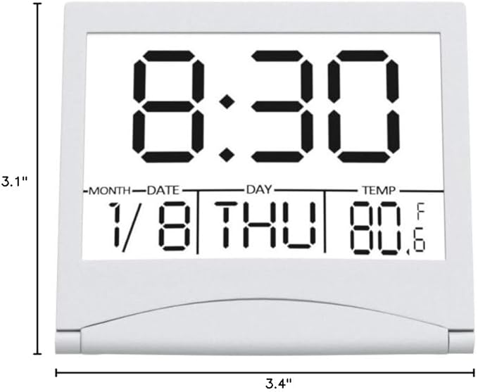 KANBIT Small Digital Travel Alarm Clock Battery Operated, Portable LCD Large Display Alarm Clock with Backlight, Temperature Desk Clock -Silver(Green Light)
