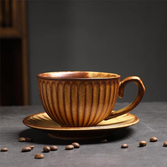 Rustic Kiln Glaze Textured Ceramic Coffee Mug with Saucer, Vintage Wabi Sabi Latte Tea Cup Multiple Styles, set of 1 (MIXED010)