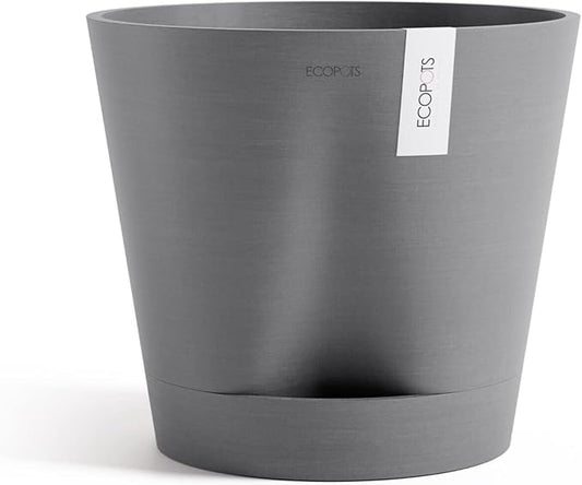 Ecopots Venice 2 Durable Modern Round Indoor/Outdoor Recycled-Based Composite Flower Pot Planter w/Water Reservoir, Grey, 16"