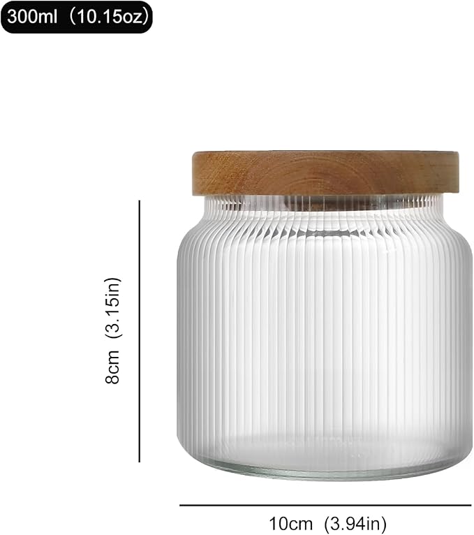 300ml/10.15Oz Glass Storage Containers with Wood Lids - Airtight Spice Jars with Lids - Overnight Oats Jar - Stacable Glass Jars for Coffee,Sugar,Tea,Spice